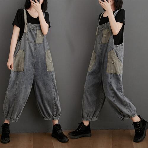 #2358 Summer Vintage Denim Overalls Women Patchwork Retro Wide Leg Jumpsuit Ladies Loose Spaghetti Strap Jumpsuit Pockets