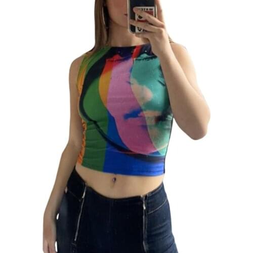 Women’s Fashion Abstract Printing Vest Causal Round Neck Exposed Navel Sleeveless Tops