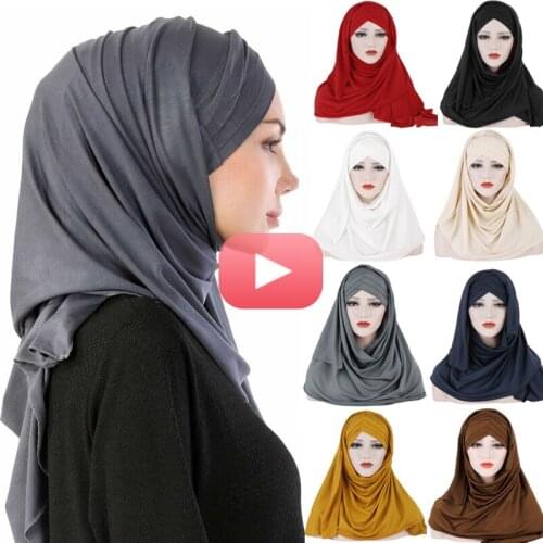 Women Bubble Cross Jersey Scarf Soft Plain Cotton Instant Hijab Shawls and Wraps Femme Muslim Hijabs Ready To Wear Headscarf