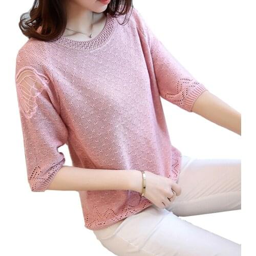 Pullover Women Knitted Sweater 2020 Spring Loose Half sleeve O-Neck Hollow Out Lace Patchwork Top Casual Jumpers Ladies Sweater