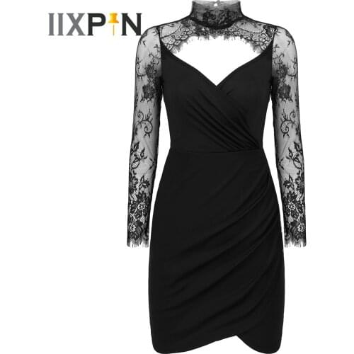 Women Elegant Party Dress Femme Deep V Neck Low Cut Hollow Out Lace Long Sleeve High Waist Sheath Dress Womens Sexy Black Dress