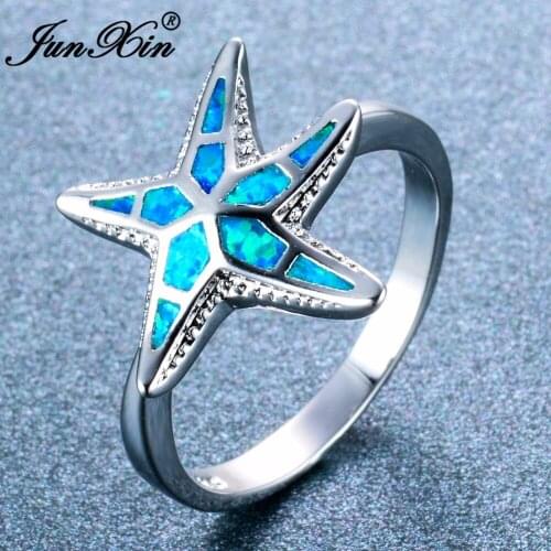 JUNXIN Fashion Women Blue Fire Opal Rings Silver Color Jewelry Vintage Wedding Rings For Women Birthstone Ring