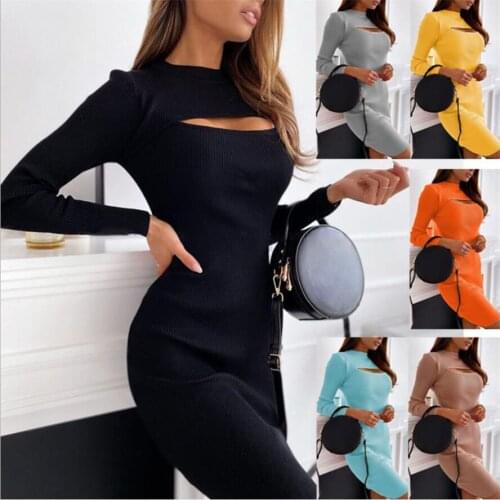 2021 Knit Women Sweater Dress Long Sleeves Sheath Hollow Bust Sexy Autumn Winter Mini Party Gowns