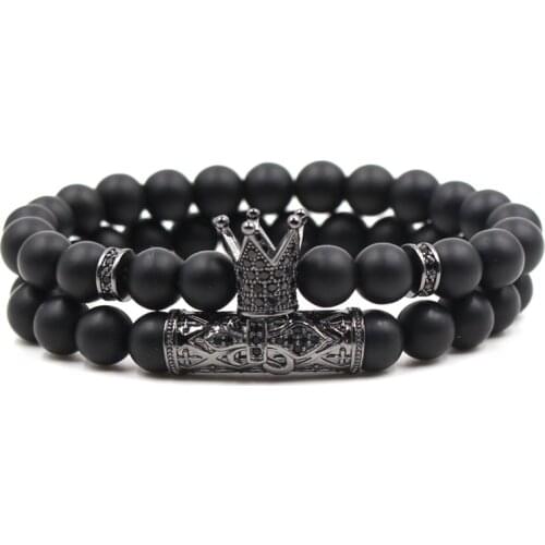 2020 New Bracelet Black Frosted Stone Buddha Bead Bracelet Micro-encrusted Zircon Crown Set Couple Bracelet 2 Sets