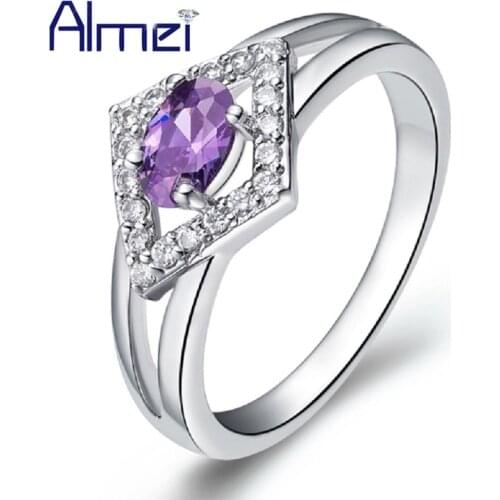 Almei Sale Purple Rings for Women Girls Kids Best Friends Gift Silver Color Cheap Crystal Cocktail Ring Ladies Jewelery J361