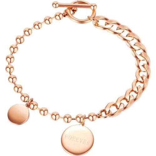 Stainless Steel Minimalism Fashion Delicate Women Round Tag Rose Gold Forever Engrave Cuban Bead Chain Link Bracelet Bangle