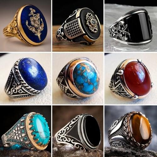 Black Zircon Retro Style Silver Color Rings for Men Fashion Jewelry Male Gifts Punk Domineering Ring Round Stone Chunky Ring