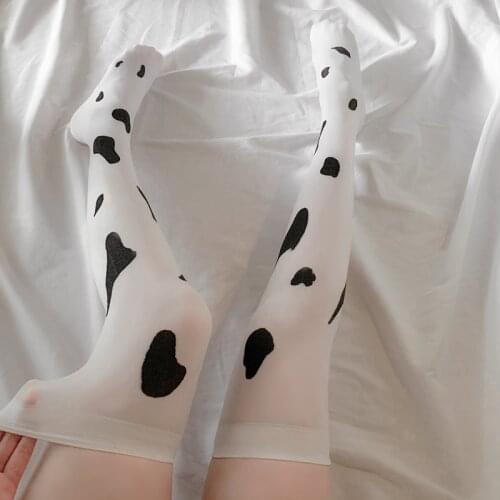 Kawaii Cow Spots Patterned Medias Breathable Soft Velvet Thigh High Stockings Young Women Girls Cute Anime Cosplay Hosiery