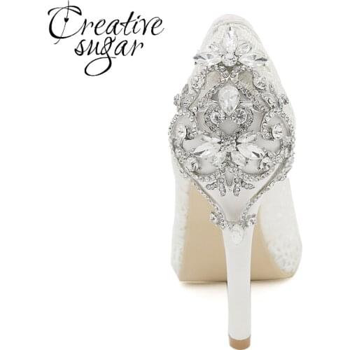Creativesugar lady platform open toe lace pumps with crystal on heel noble high heel bridal wedding party evening dress shoes