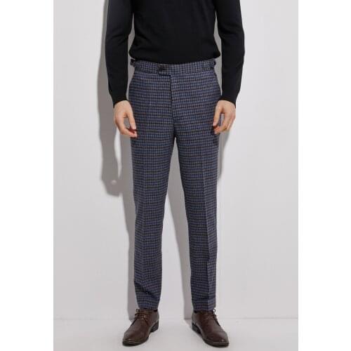 2020 Flannel Pants With Cuff Dark Blue Plaid Men Slim Fit Business Pants Custom Made Flannel Trousers With Side Adjusters