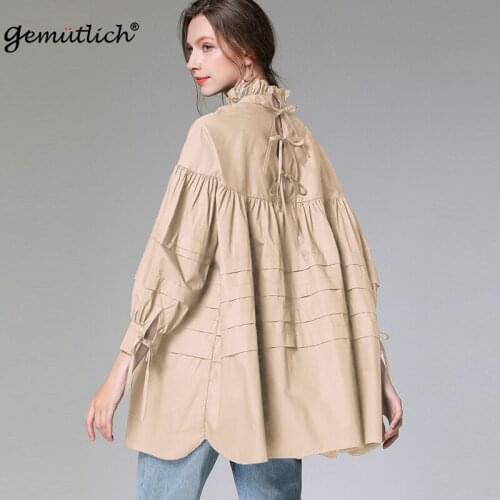 GEMUTLICH Women Over Size Loose Fashion Blouse Ruffles Straps Shirt Lace up Summer Spring Top Party New Arrival