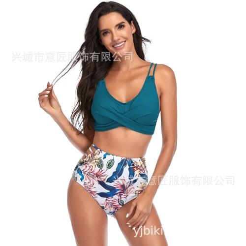 Green Print Bikini Set Women Bandage Mesh Mid-Waist Bikinis Two Pieces Swimwear 2021 Beach Bathing Suits Swimsuits