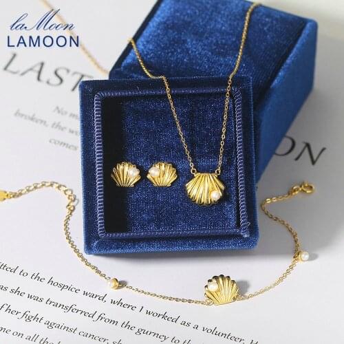 LAMOON Pearl 925 Silver Jewelry Set For Women Natural Freshwater Pearl Shell 14K Gold Plated Fine Jewelry Summer Beach V094