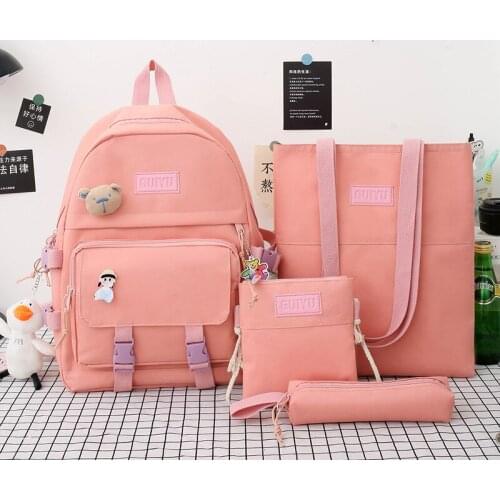 HOT New 4 pcs sets canvas Schoolbags For Teenage Girls Shoulder handbag Women Backpacks Laptop keychain School Bags Travel Bag