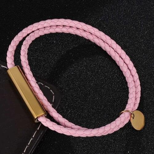 Trendy Pink Leather Bracelets Women Charm Stainless Steel Multilayer Braided Rope Bracelets for Female Bracelets Jewelry BB0703