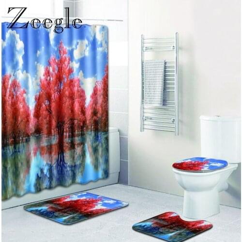 Zeegle 3D Printed Scenic Bathroom Mat Set 4pcs Shower Curtain Set Anti-slip Toilet Doormat Shower Mat Lid Toilet Cover Rug
