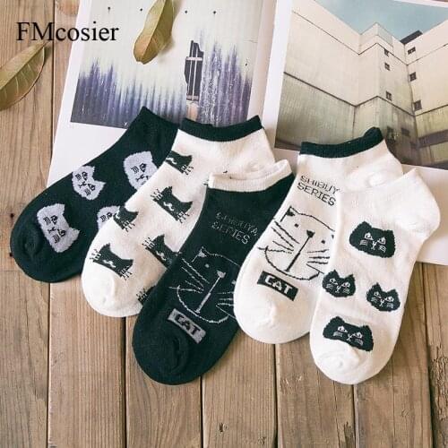 5 Pairs Summer Women Ladies Girls Cute Cotton Cartoon Cat low Boat Short Slipper Socks Invisible No Show Socks Non-slip Meia Sox
