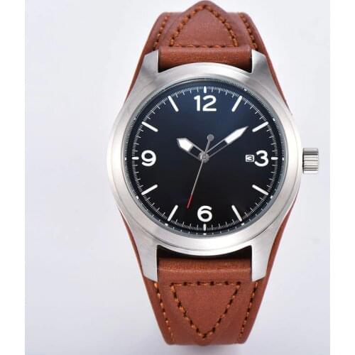 New Parnis 44mm Automatic Mens Wristwatch Miyota 8215 movement Auto Date Black Dial Brushed case leather strap mens clock