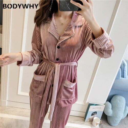 2020 Autumn Womens Pajamas Gold Velvet Home Clothing Two-piece Suit Female Long-sleeved Lapel Top and Trousers Nightshirt