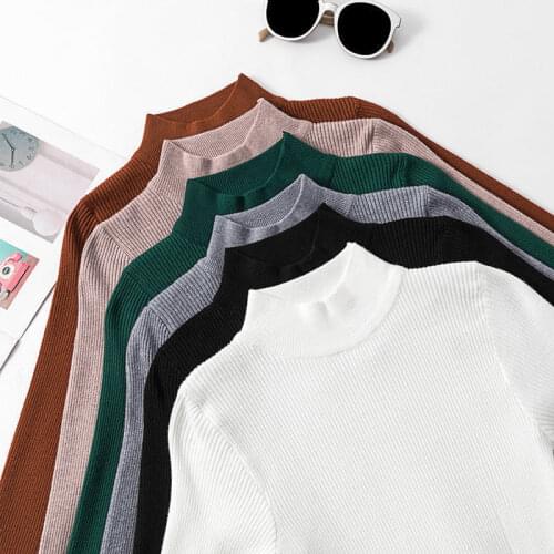 Autumn Winter Half High Collar Women Sweaters Casual Long Sleeve Korean Slim Jumper Elegant Elastic Knitted Pullover Tight Tops