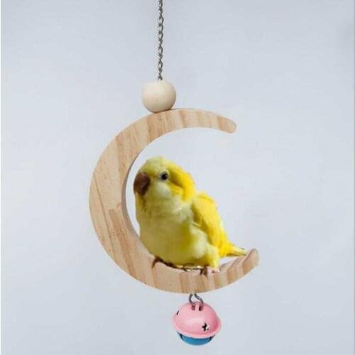 Parrot Swing Perch Stand Toy Moon Shape Hanging Hammock Bell Pet Cage Bird Wooden Training Claw Feet Grinding Stick Chew Toys
