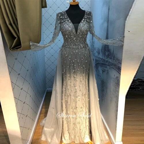 Luxury Dubai Silver Arabic Evening Dress Long Sleeve Overskirt Crystal Muslim Formal Party Gowns for Women Wedding Prom Dresses
