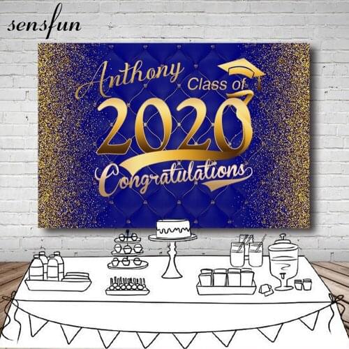 Sensfun Bachelor cap Class of 2020 Graduation Backdrop Royal Blue Gold Glitter Party Photogarphy Backgrounds For Photo Studio