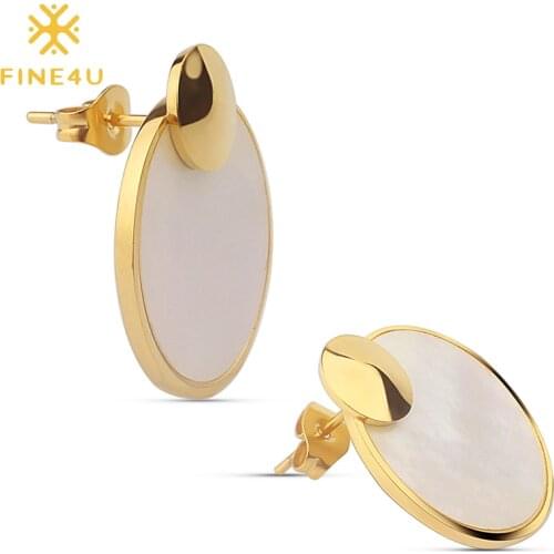 FINE4U E071 New Korean Style Round Circle Coin Earrings For Women Stainless Steel Stud Earrings Female Statement Jewelry Gifts