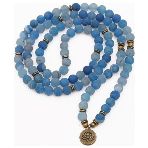 Blue 108 beads 8mm elastic adjustable Lotus life tree Buddha OM eye Chakra Reiki agate Onyx Bracelet necklace iuty4
