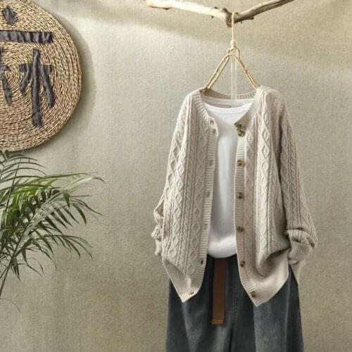 Sweater jacket womens solid cardigan retro literary round neck long sleeve all-match casual knitted sweater autumn winter