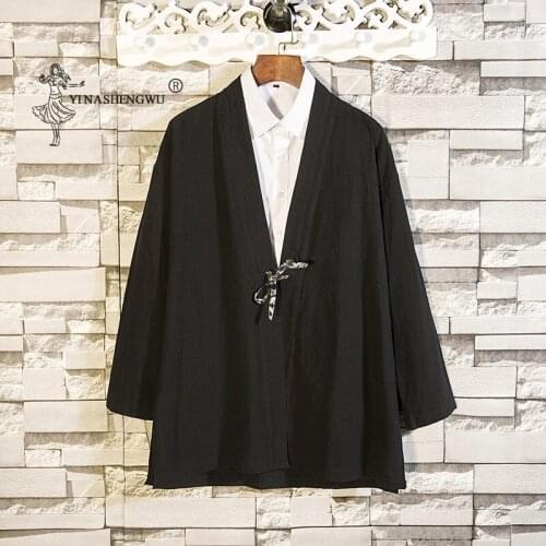 Japanese Mens Robe Hanfu Fairy Retro Crane Embroidery Three-quarter Sleeve Cardigan Jacket Japanese Kimono Men Male Linen Adult