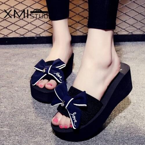 XMISTUO Summer Womens Wedges Sandals Slippers with Bow Slides Outside 7.2cm High Heels Beach Female Slippers 4 Color 7140W