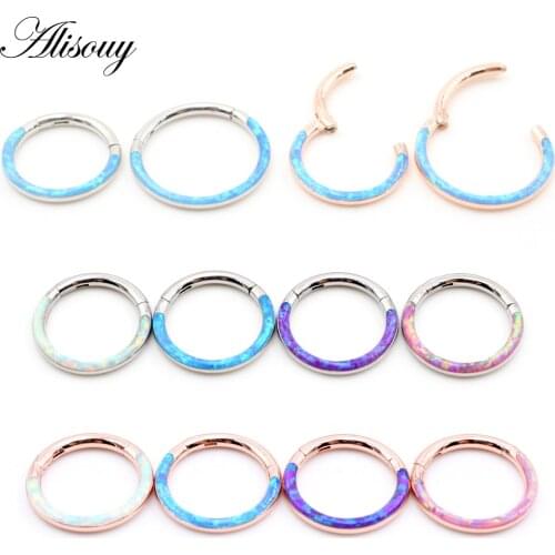 Alisouy 1pc 316L Stainless Steel 16G Twist Hinged Clicker Nose Septum Ring Opal Hoop Eyebrow Lip Ear Rings Body Piercing Jewelry