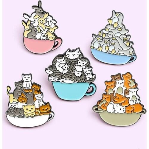 Cup of Animal Enamel Pin Custom Cats Rabbit Bear Hedgehog Penguin Brooches Bag Lapel Pin Cartoon Badge Jewelry Gift for Friends
