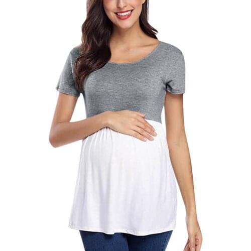 Pregnancy T-shirt Womens Maternity Tunic Tops Mama Clothes Ladies Scoop Neck Grey white patchwork Cotton Pregnant Shirts
