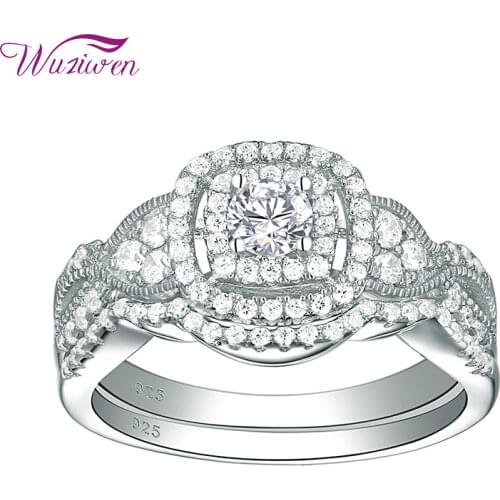 Wuziwen 2 Pcs 925 Sterling Silver Infinity Engagement Wedding Ring Sets For Women Halo Round AAA Cubic Zirconia Size 5-10