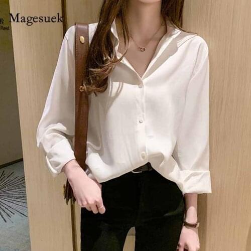 Korean 2021 Autumn Long Sleeve Button Shirt Elegant Solid Wild Tops Lapel Loose Blouse Women Straight Office Lady Clothes 10615