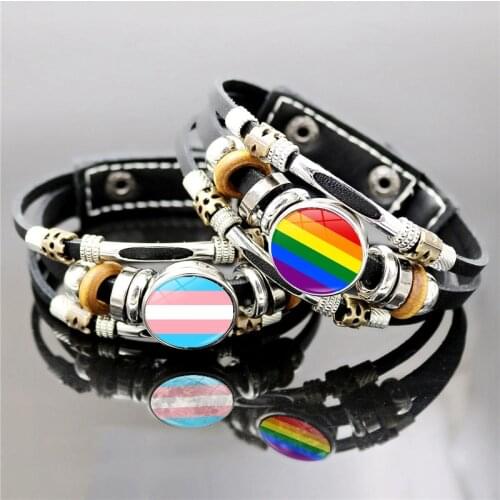 Hot Rainbow LGBT Lesbians Gay Pride Leather Bracelet Retro Punk Style Friendship Couple Snap Button Bracelet Women Men Jewelry