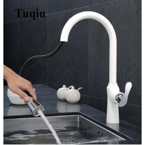 Kitchen Mixer Pull Out Decked Mount Kitchen Sink Faucet Mixer Cold Hot Water Grifo Torneira Cozinha Rotate white black
