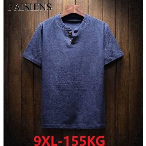 FAISIENS Summer Linen Plus Size 8XL 9XL Big Mens T-Shirt Short Sleeve V-Neck Tees 5XL 7XL Vintage 150KG Navy Blue Tshirt Tops