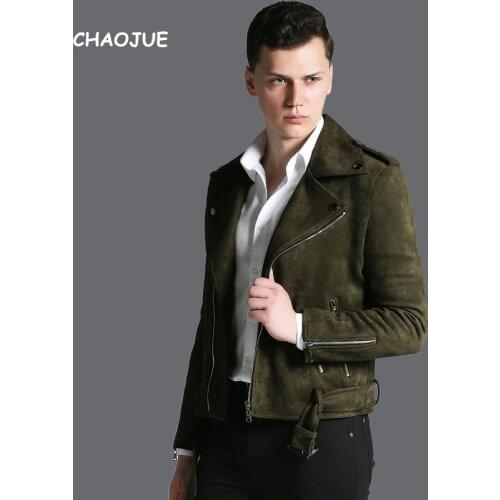 CHAOJUE Brand Short Top Suede Coat Mens 2019 Autumn/Winter Personality Army Green Zip Biker Jacket Male Cool Locomotive Jackets
