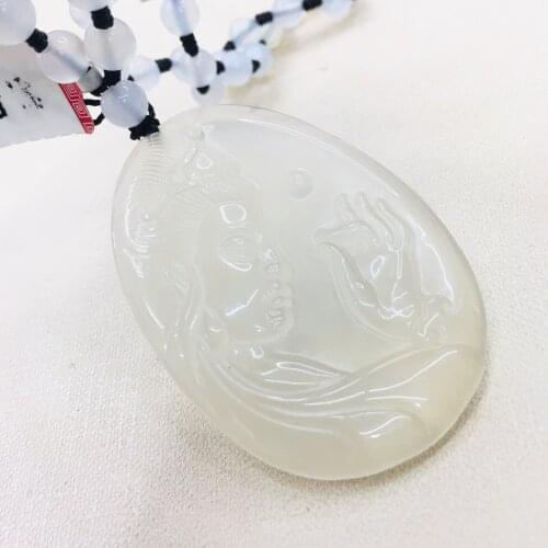 Natural Brazilian Ice Bottom Jade Carving White Guanyin Head Pendant with Chalcedony Bead Necklace Sweater Chain