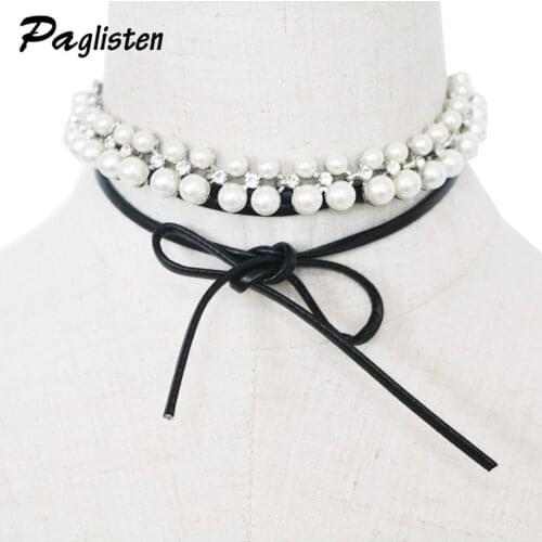 PAGlisten New Simulated Pearl Bridal Wedding Jewelry Unique Bohemia Crystal Pendant Bowknot Necklace SKU5721