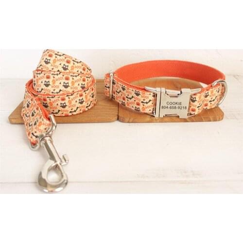 Personalized Pet Collar Customized Nameplate ID Tag Adjustable Bat Holloween Cat Dog Collars Lead Leash Set