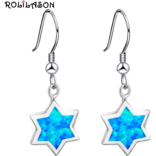 ROLILASON High Quality Precious Five Star Blue Fire Opal Silver Stamped Drop Earrings Fashion Jewelry for Lover OES667