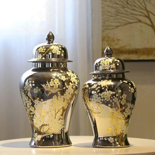 Silver Ceramic Vases Hand Painted Plum Decorative Flower Vase Living Room Decoration Dried Flowers Organizer Home Decoration