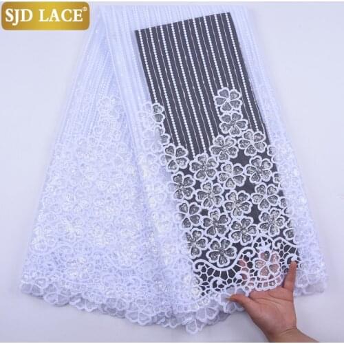 SJD LACE 2020 Pure White African Lace Fabric With Sequins French Mesh Lace Fabric Tulle Milk Silk Laces For Wedding Party A2042