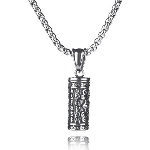 Stylish Mantra Cylinder Necklace Men Stainless Steel Pendant Long Chain Silver Color Ancient Writing Jewelry Punk Party Necklace