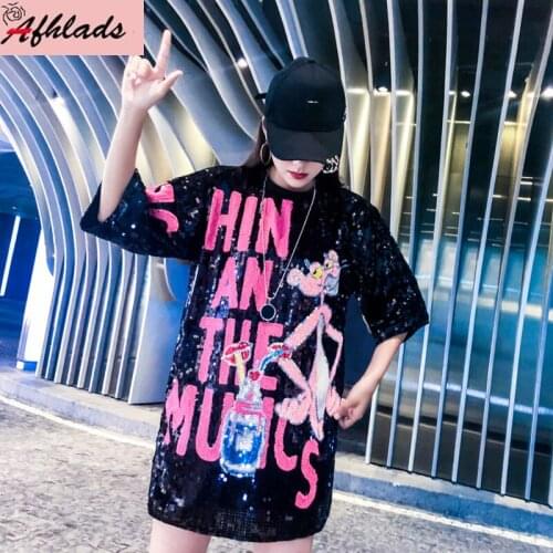 Fashion 2021 Summer New Women Sequins T-Shirt Women Plus Size Cartoon Print T Shirt Women Short Sleeve Round Neck Oversized Tops