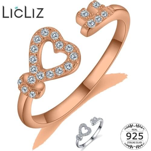LicLiz Cubic Zirconia Heart key Rings Women 925 Sterling Silver Hollow Ring Fingers Eternity Band Adjustable Ring Bague LR0406